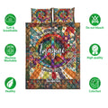 Hippie quilt bedding set with vibrant peace artwork, floral details, and product feature icons