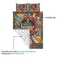 Hippie quilt blanket showing colorful printed front, white quilted backing, and stitched construction