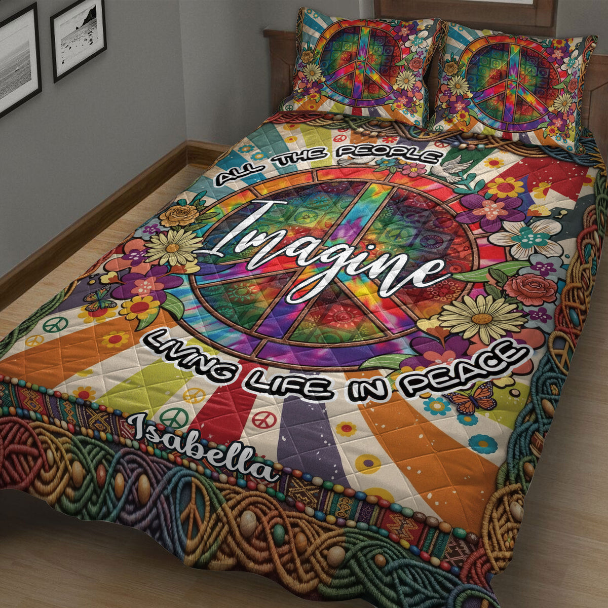 Close view of vibrant hippie quilt blanket with peace symbols, flowers, beads, and rainbow colors
