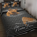 French Bulldog quilt blanket bedding set displayed on a bed with black and white striped artwork