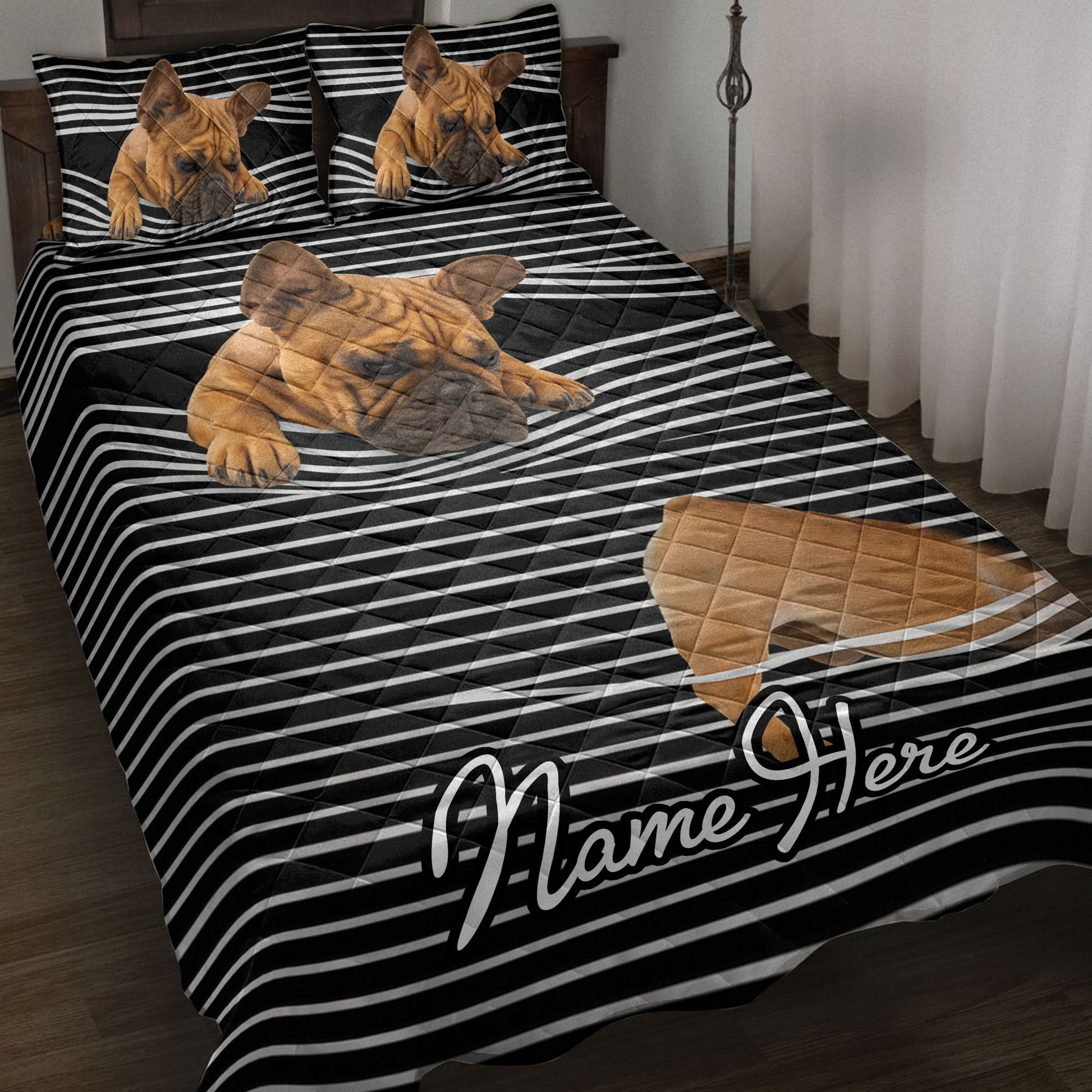 French Bulldog quilt blanket bedding set displayed on a bed with black and white striped artwork