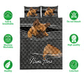 French Bulldog quilt bedding set shown with black and white artwork and product care icons