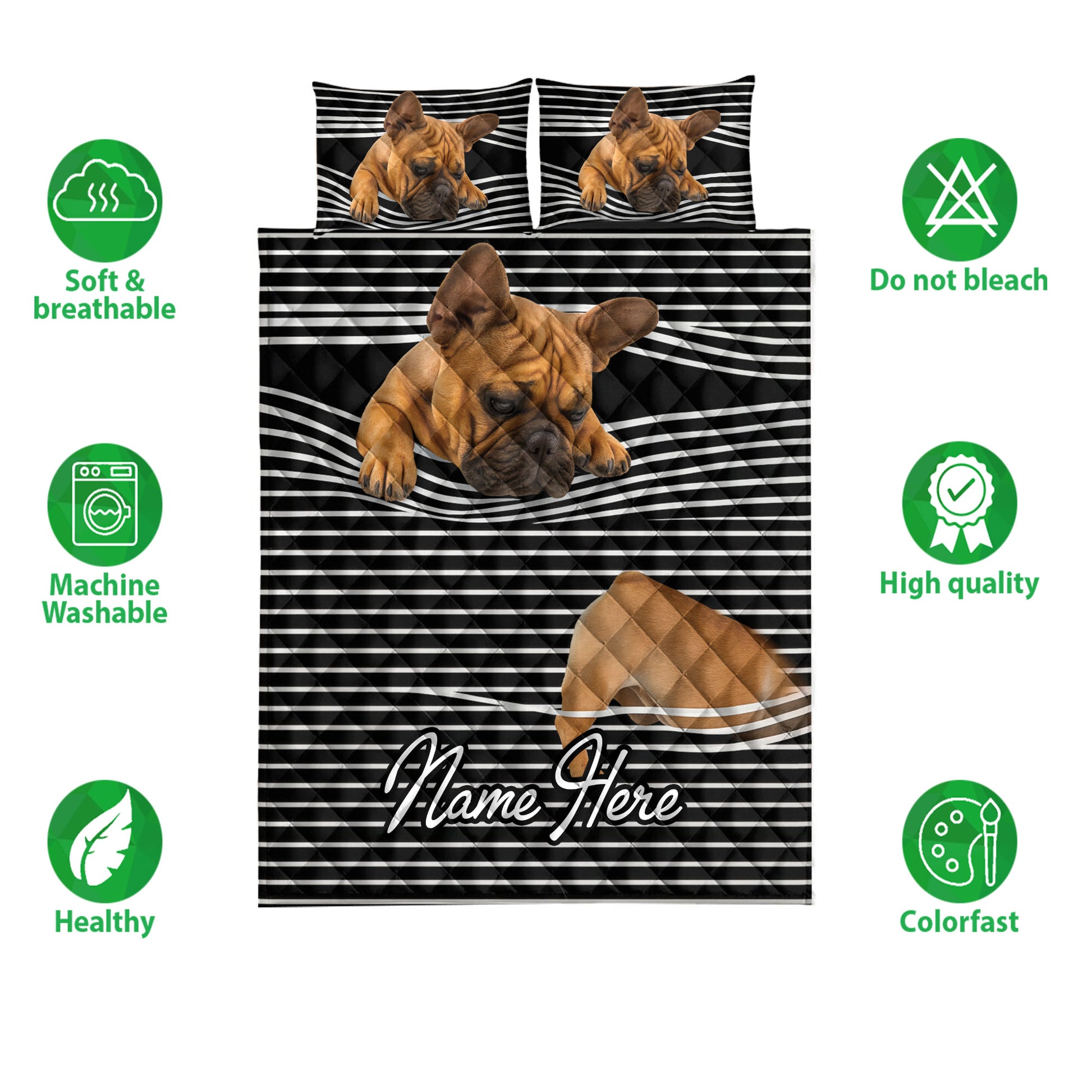 French Bulldog quilt bedding set shown with black and white artwork and product care icons