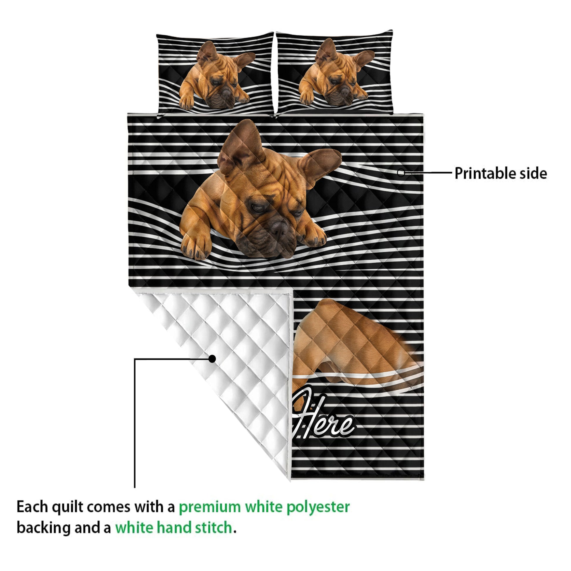 French Bulldog quilt blanket showing the printed front and white quilted reverse