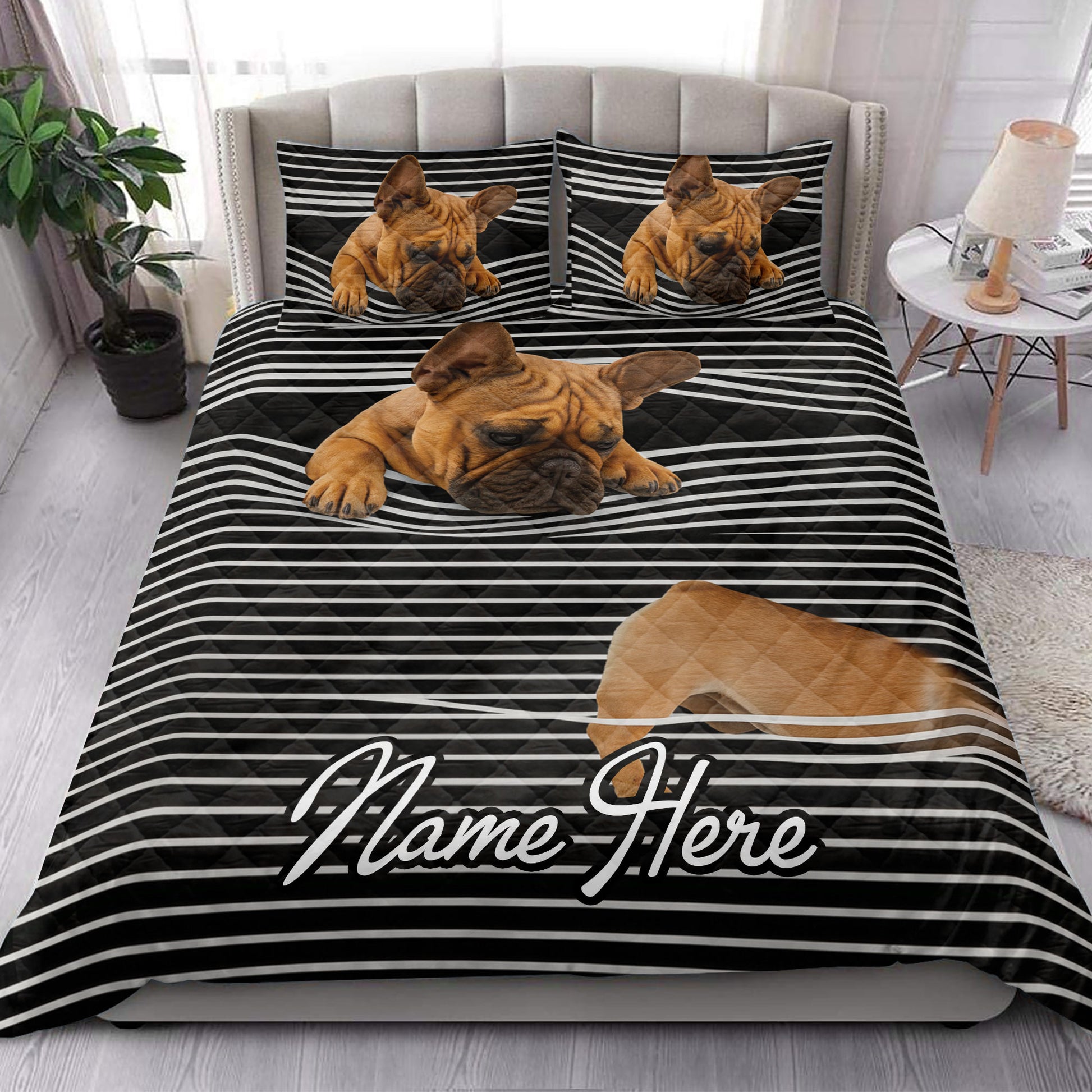 French Bulldog quilt bedding set styled in a bright bedroom with coordinating dog artwork