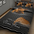 French Bulldog quilt blanket shown on a bed with bold black and white striped design