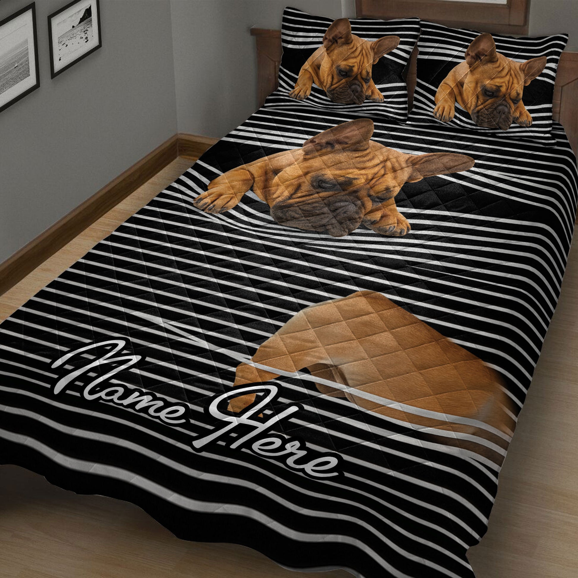 French Bulldog quilt blanket shown on a bed with bold black and white striped design