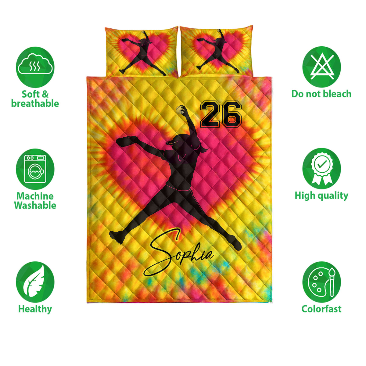 Softball quilt bedding set displayed with colorful player artwork and breathable, washable product feature icons