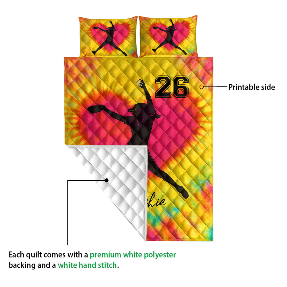 Softball quilt blanket showing a vibrant printed front and white quilted reverse in a product detail view