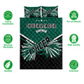 Cheerleader quilt bedding set displayed with green and black graphics and product feature icons
