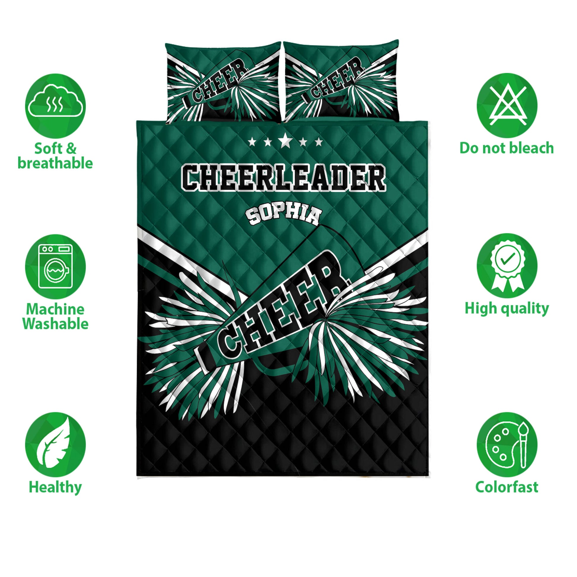 Cheerleader quilt bedding set displayed with green and black graphics and product feature icons