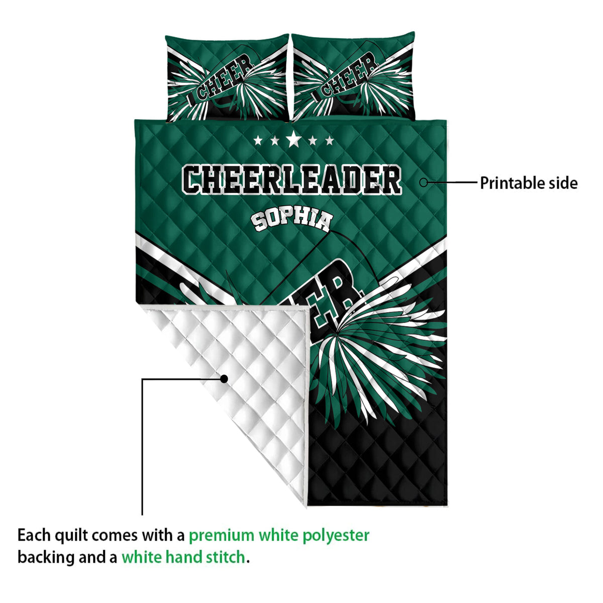 Cheerleader quilt blanket shown with a printed front and white quilted backing detail