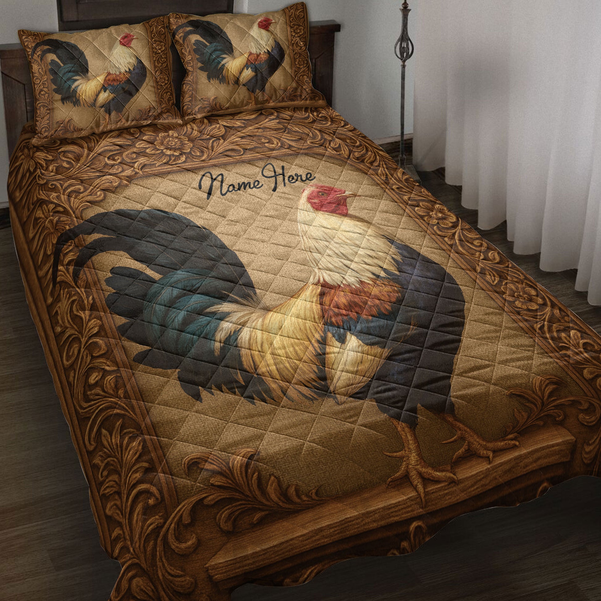 Rustic chicken quilt blanket displayed on a bed with ornate brown and gold patterns