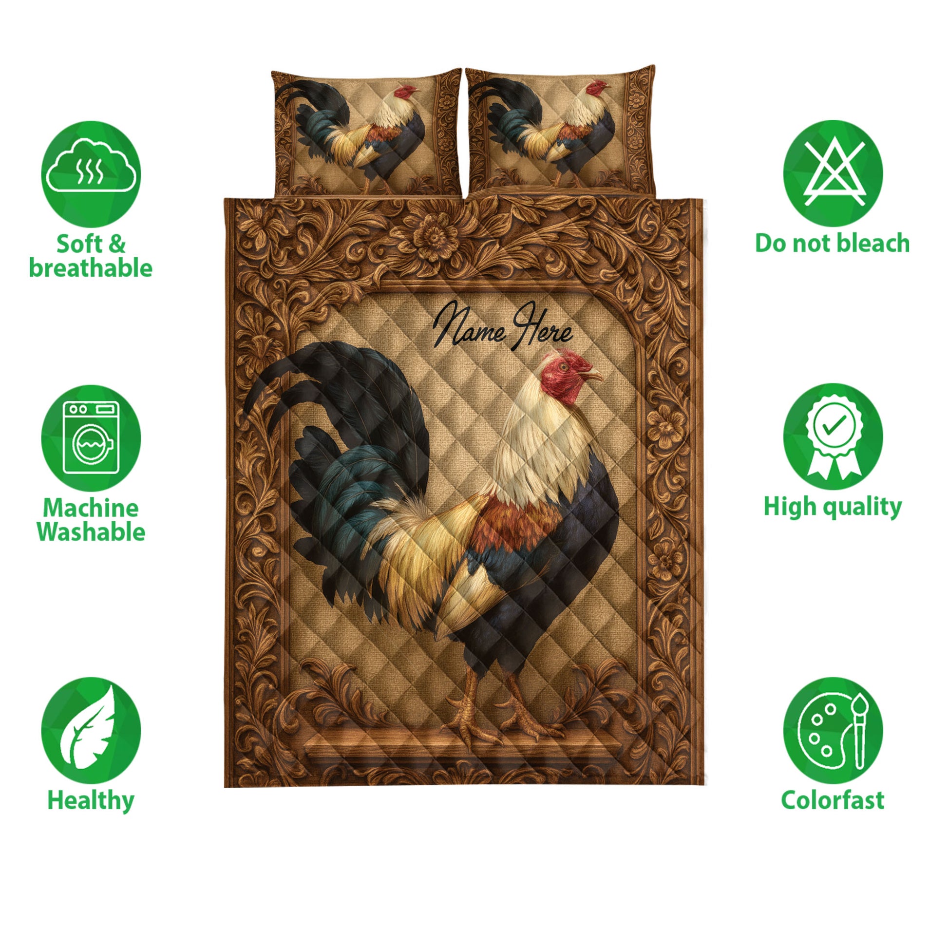 Chicken quilt bedding set shown with rooster artwork and soft breathable design features