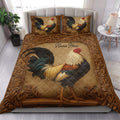 Rustic rooster quilt blanket styled on a bedroom bed with matching artwork