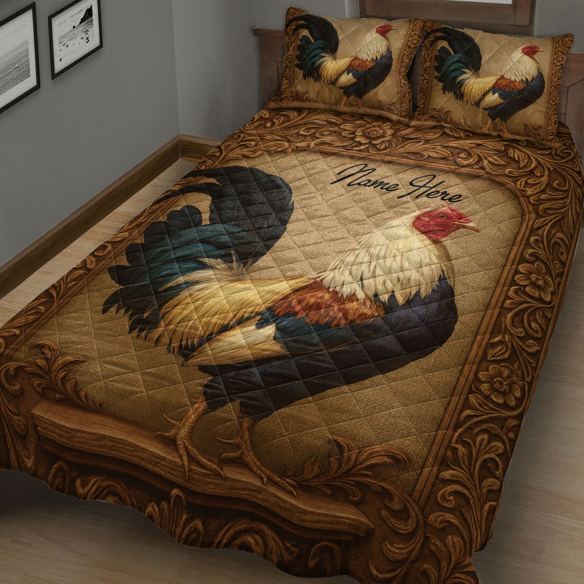Close view of ornate chicken quilt bedding with colorful rooster artwork