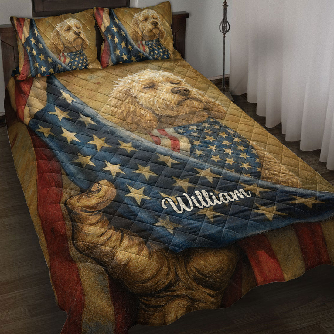 Goldendoodle quilt blanket displayed on a bed with patriotic stars, stripes, and warm rustic colors