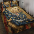 Goldendoodle quilt blanket displayed on a bed with patriotic stars, stripes, and warm rustic colors