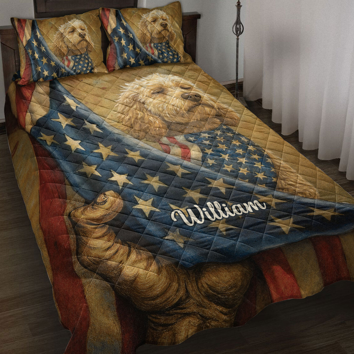 Goldendoodle quilt blanket displayed on a bed with patriotic stars, stripes, and warm rustic colors