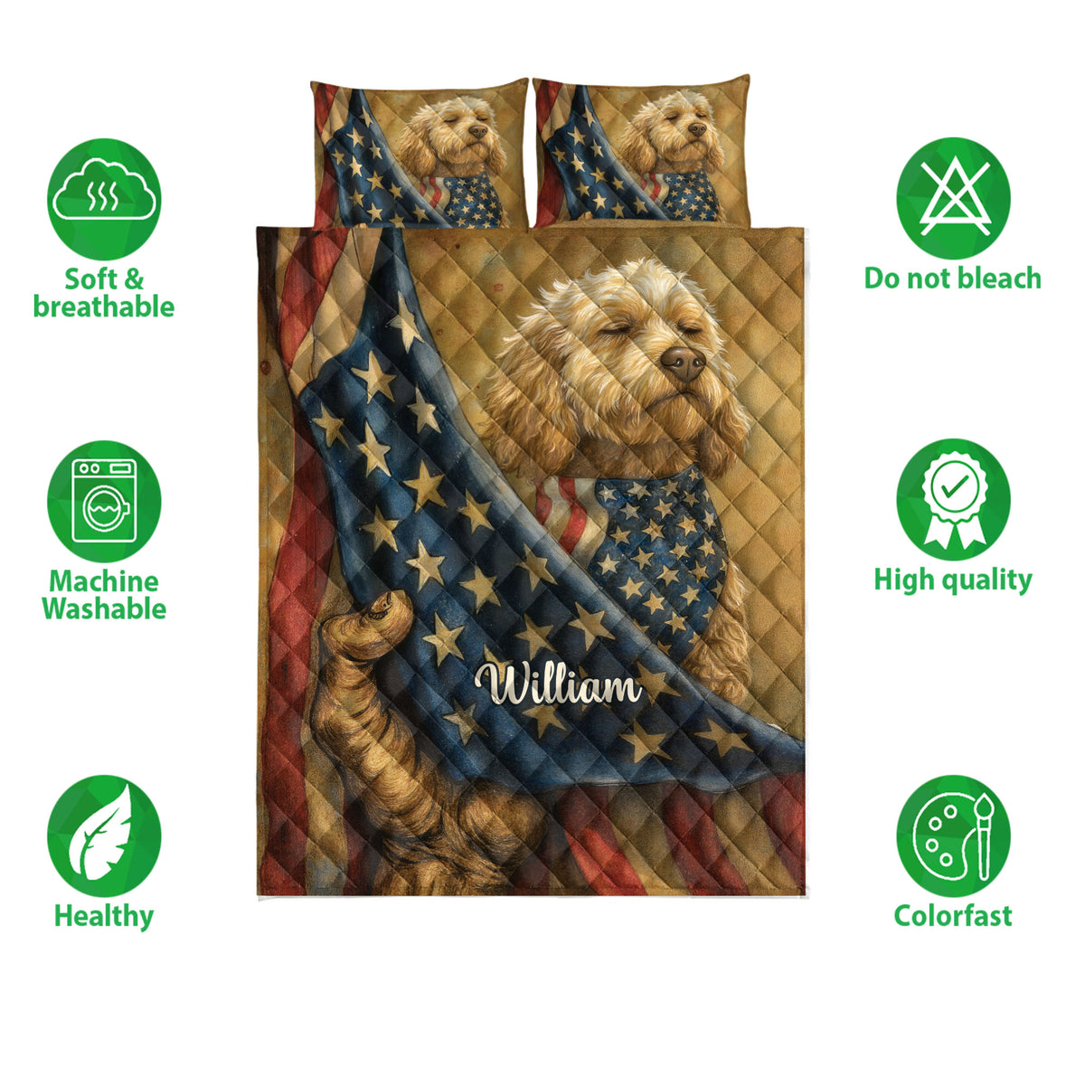 Goldendoodle quilt bedding set with American flag artwork, stars, stripes, and product feature icons