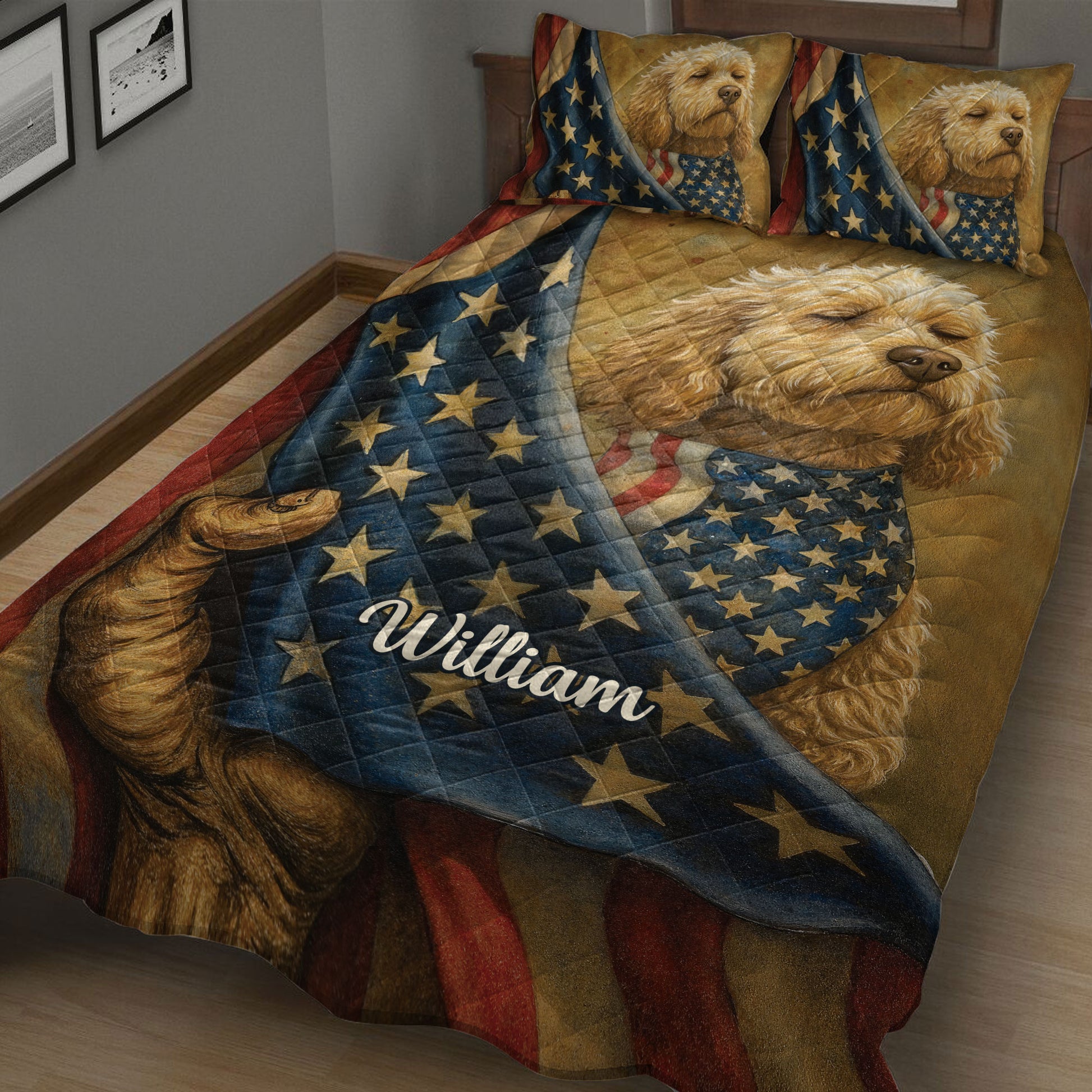 Close bedroom view of a Goldendoodle quilt blanket with stars, stripes, and a patriotic dog design