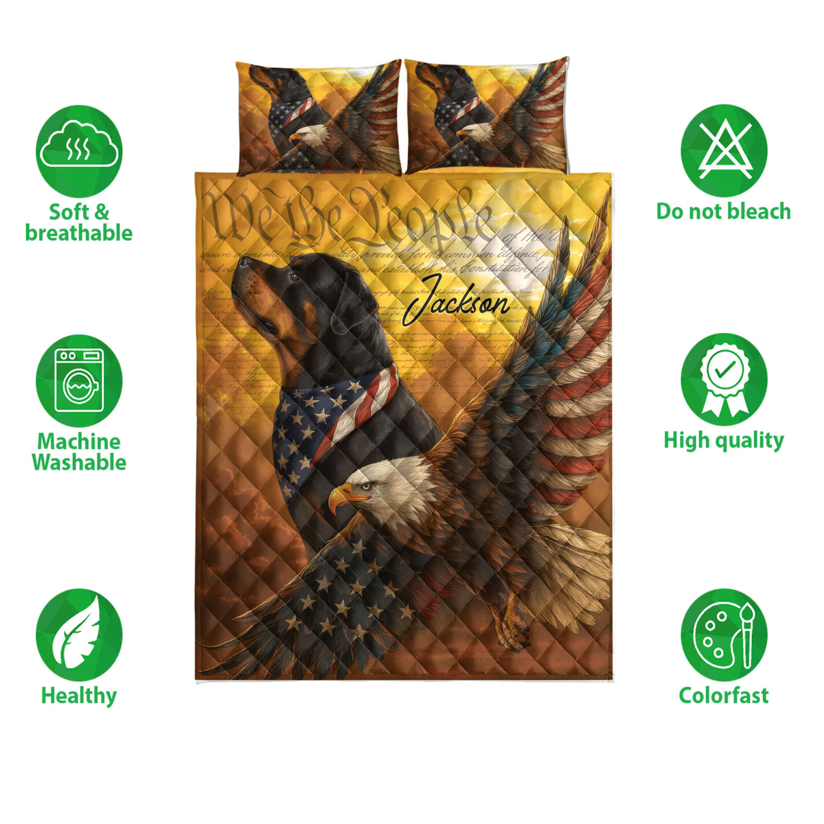 Rottweiler quilt bedding set with bald eagle artwork and soft breathable feature icons