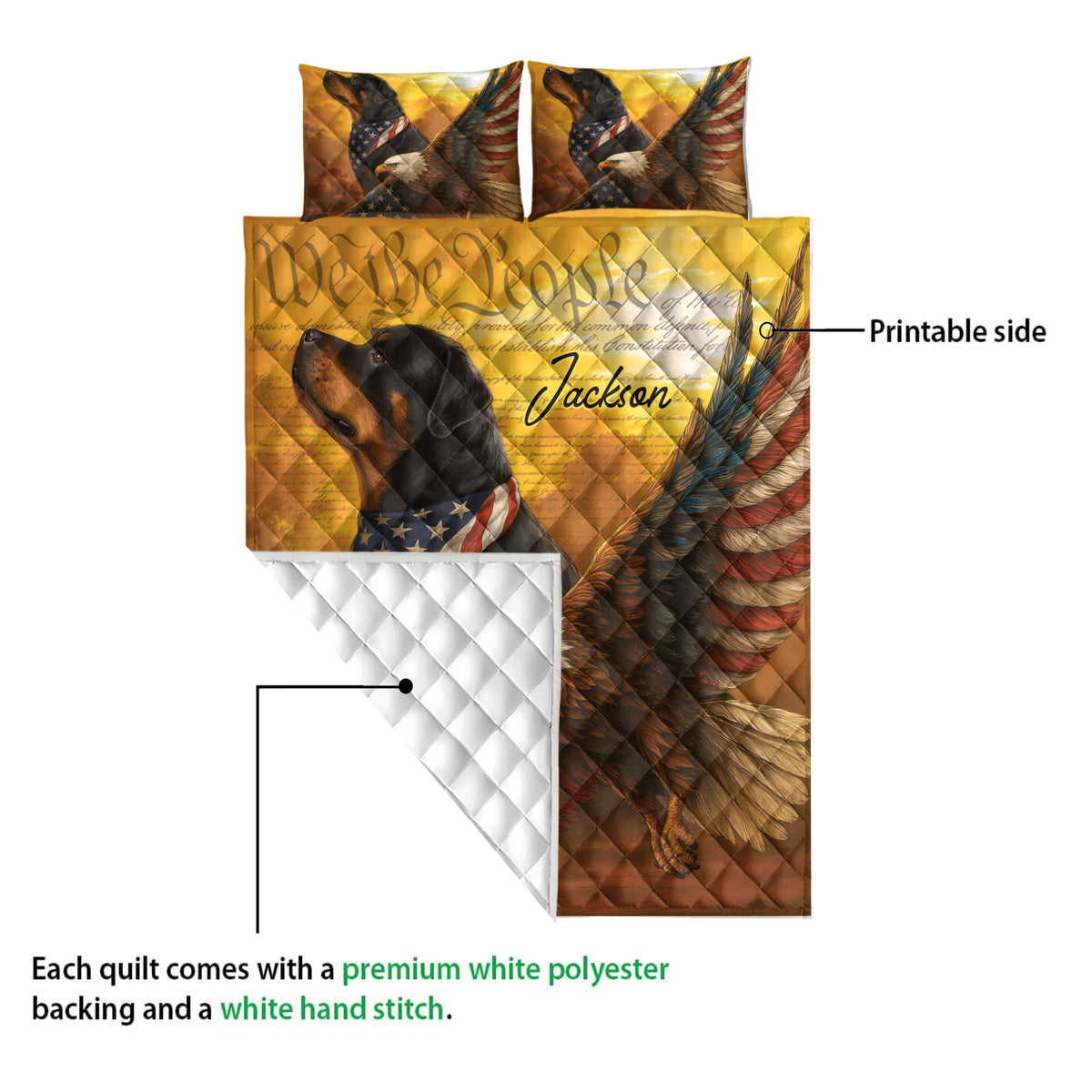 Rottweiler quilt blanket showing the printed front and white quilted backing