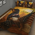 Close bedroom view of a Rottweiler and eagle quilt blanket with patriotic colors