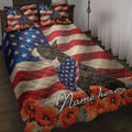 Boston Terrier quilt blanket with American flag artwork, patriotic stars, red poppies, and bedroom styling