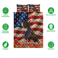 Boston Terrier quilt bedding set displayed with patriotic flag artwork, floral accents, and product feature icons