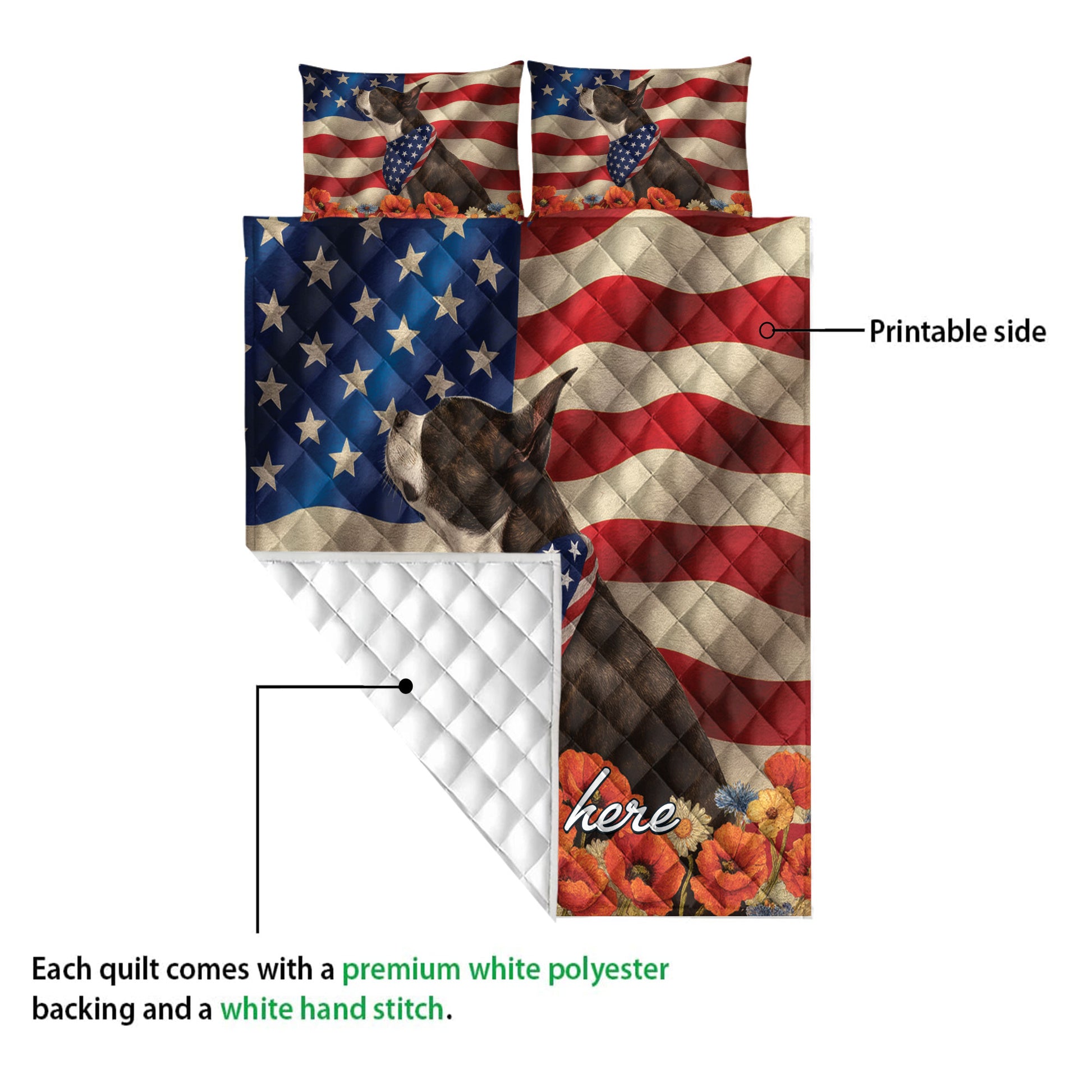 Boston Terrier quilt blanket showing the printed front and white quilted backing in a construction detail view