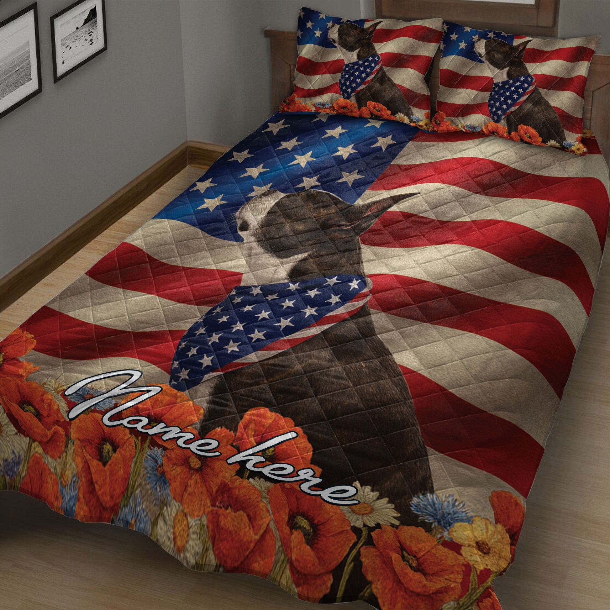 Boston Terrier quilt blanket spread across a bed with patriotic flag design, star-patterned scarf, and flowers
