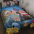 Boston Terrier quilt blanket displayed on a bed with American flag, vintage truck, flowers, and sunflower artwork