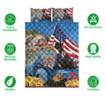 Boston Terrier quilt bedding set shown with patriotic flag, floral truck artwork, and feature icons