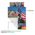 Boston Terrier quilt blanket showing a printed patriotic design, vintage truck, flowers, and quilted backing
