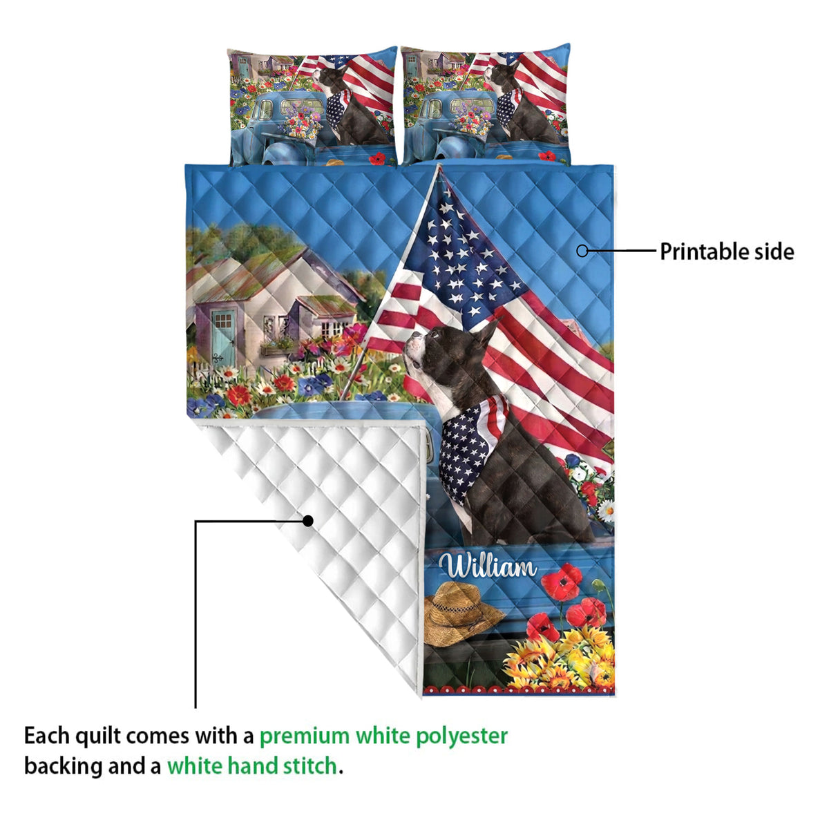 Boston Terrier quilt blanket showing a printed patriotic design, vintage truck, flowers, and quilted backing