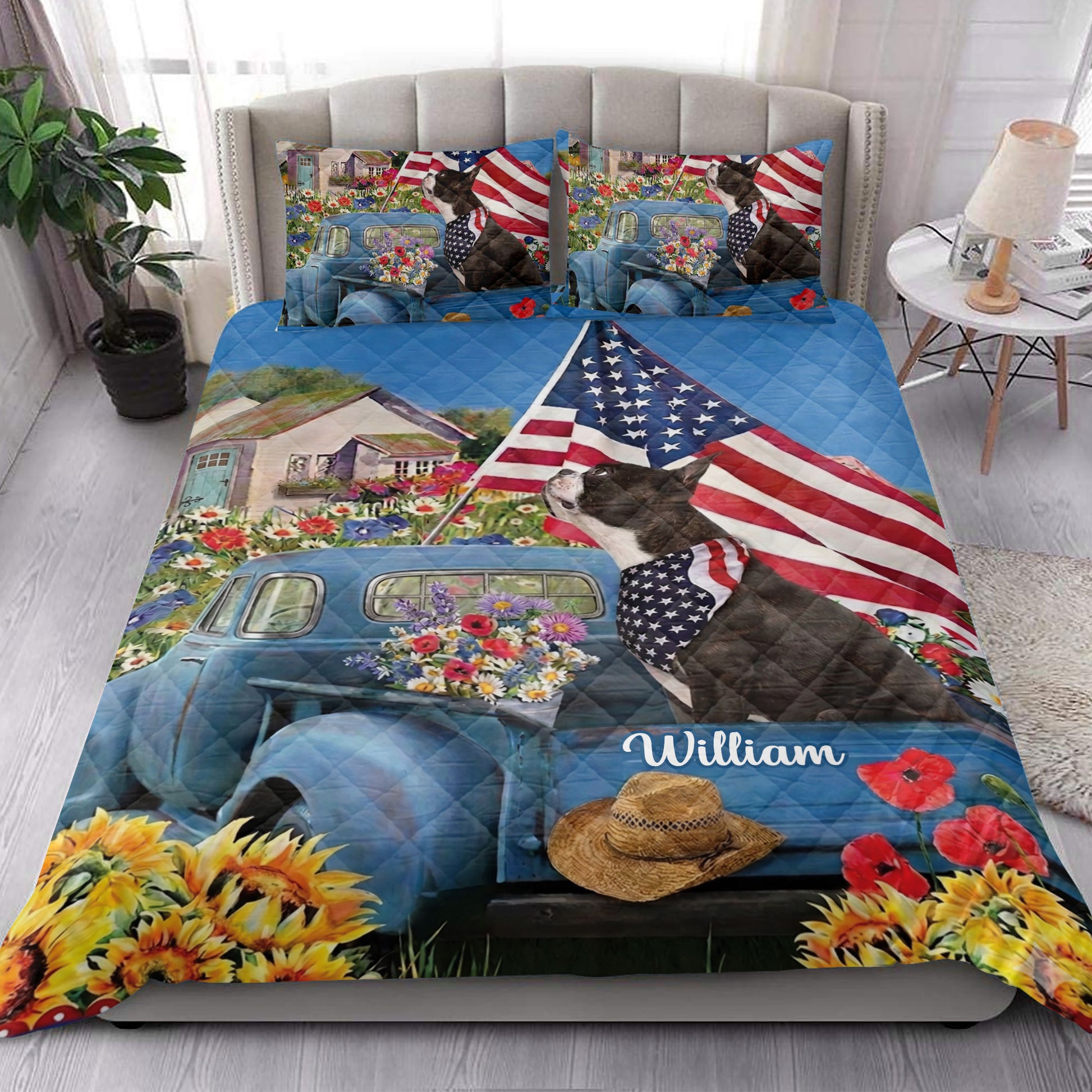 Boston Terrier quilt bedding styled in a bright bedroom with American flag, floral truck, and sunflower design