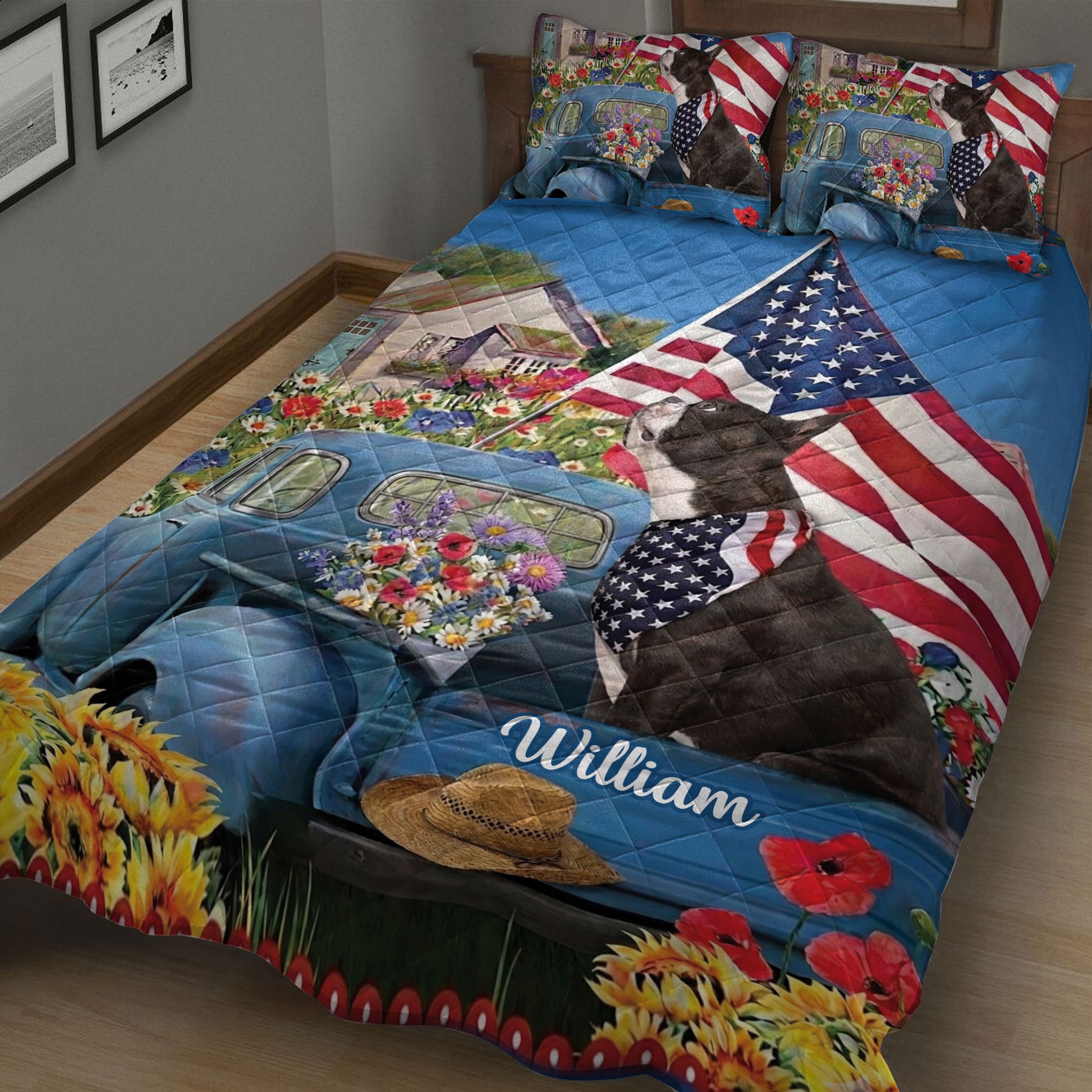 Patriotic Boston Terrier quilt blanket displayed on a bed with vintage truck, flowers, and blue artwork