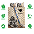 Hockey quilt bedding set shown with skate and stick artwork alongside product feature icons