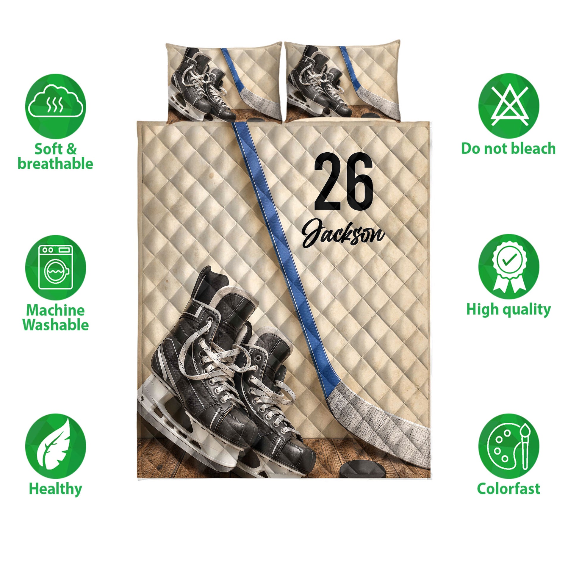 Hockey quilt bedding set shown with skate and stick artwork alongside product feature icons