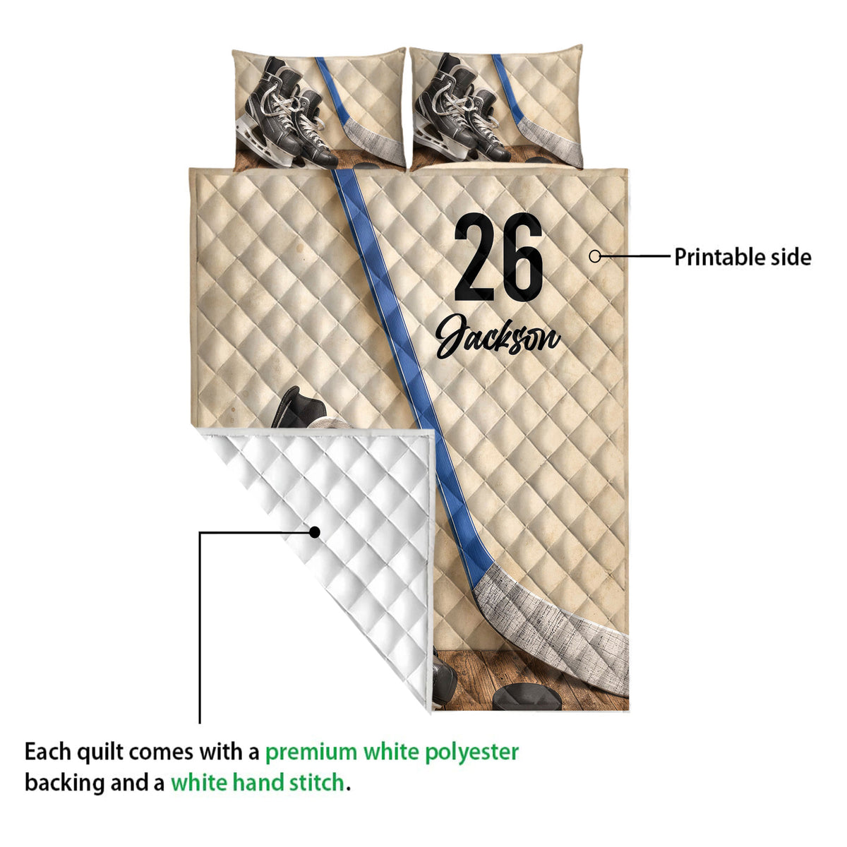 Hockey quilt blanket close view showing printed skate and stick artwork with a white reverse side