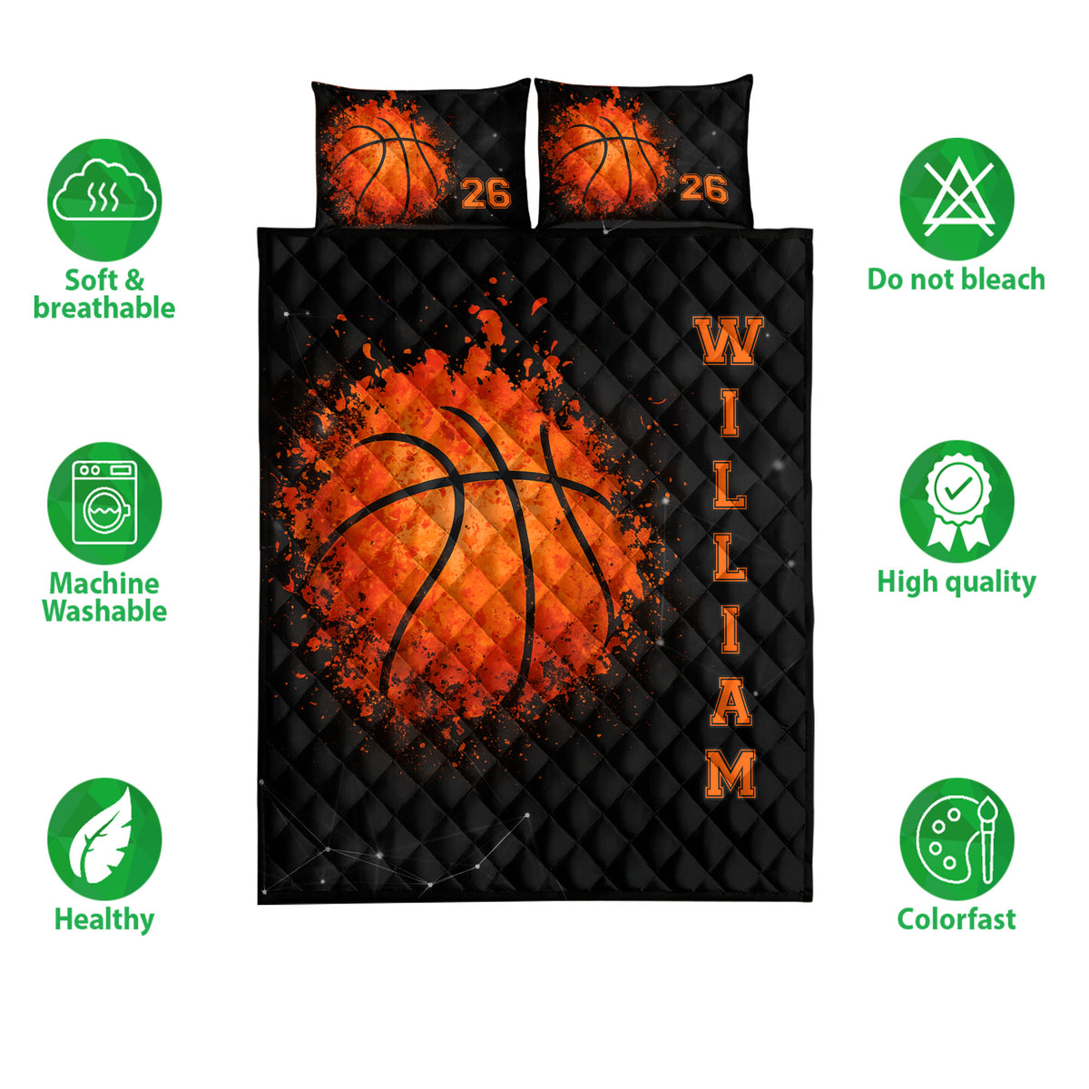 Black quilt bedding set with vivid orange basketball artwork shown with soft breathable and machine washable icons