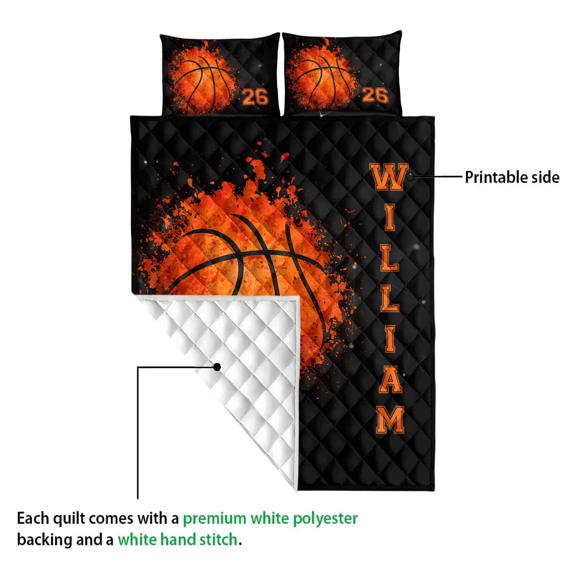 Basketball quilt blanket shown with a printed black front and white quilted polyester backing
