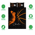 Black and orange basketball quilt bedding set shown with product care and quality feature icons