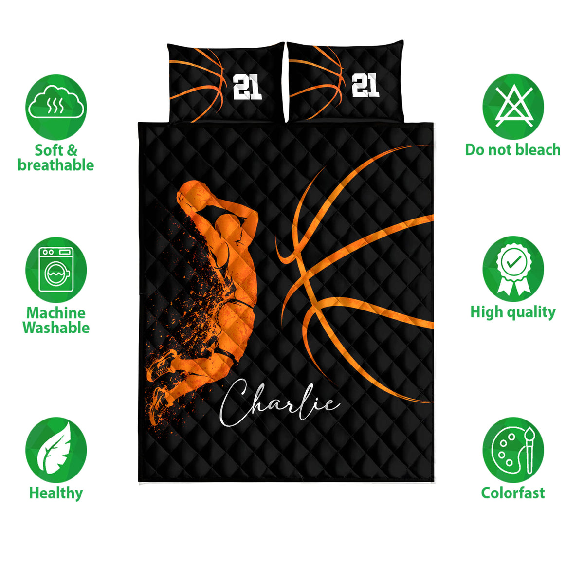 Black and orange basketball quilt bedding set shown with product care and quality feature icons