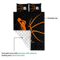 Basketball quilt showing the printed front design and white quilted backing