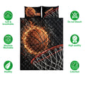 Basketball quilt bedding set with fiery ball and hoop design shown beside care and feature icons