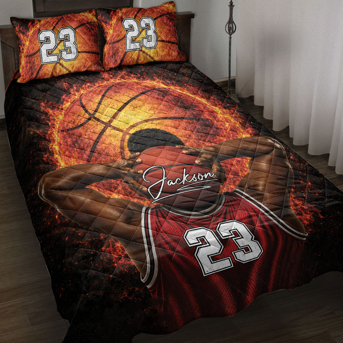 Fiery basketball quilt blanket displayed on a bed with a basketball player graphic and bold red and black artwork