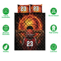 Basketball quilt bedding set shown flat with fiery orange artwork, basketball player graphic, and coordinating pillows