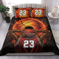 Basketball quilt blanket styled on a bedroom bed with fiery basketball artwork and coordinating pillow designs